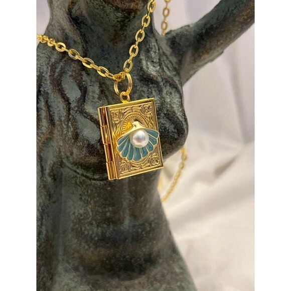 PEARL SHELL BOOK GOLD LOCKET TEAL TURQUOISE FLOWER SEA OCEAN NECKLACE - Picture 1 of 7